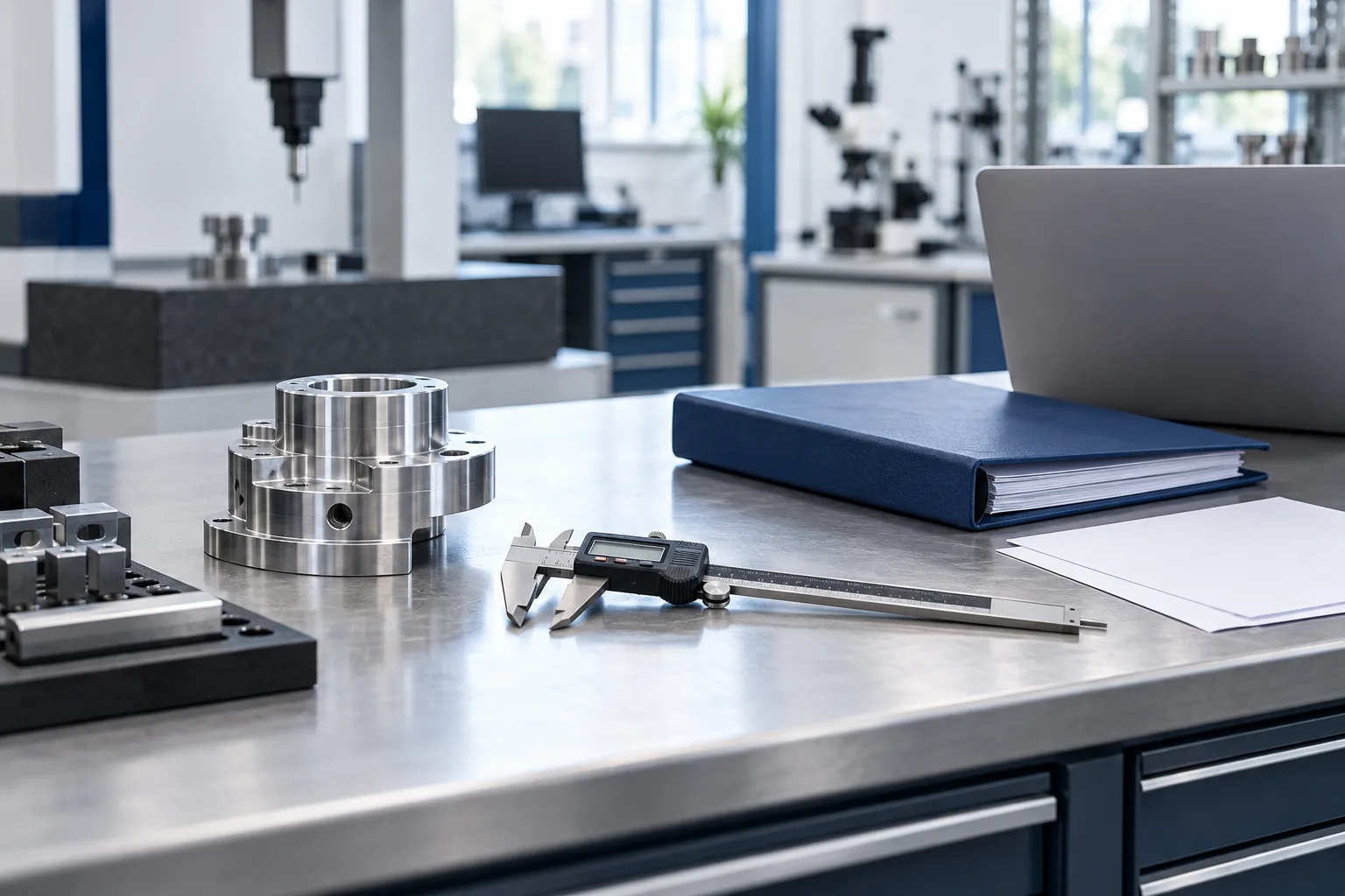 AI-generated illustration of a quality-control workbench with a caliper, metal component, records binder and laptop.
