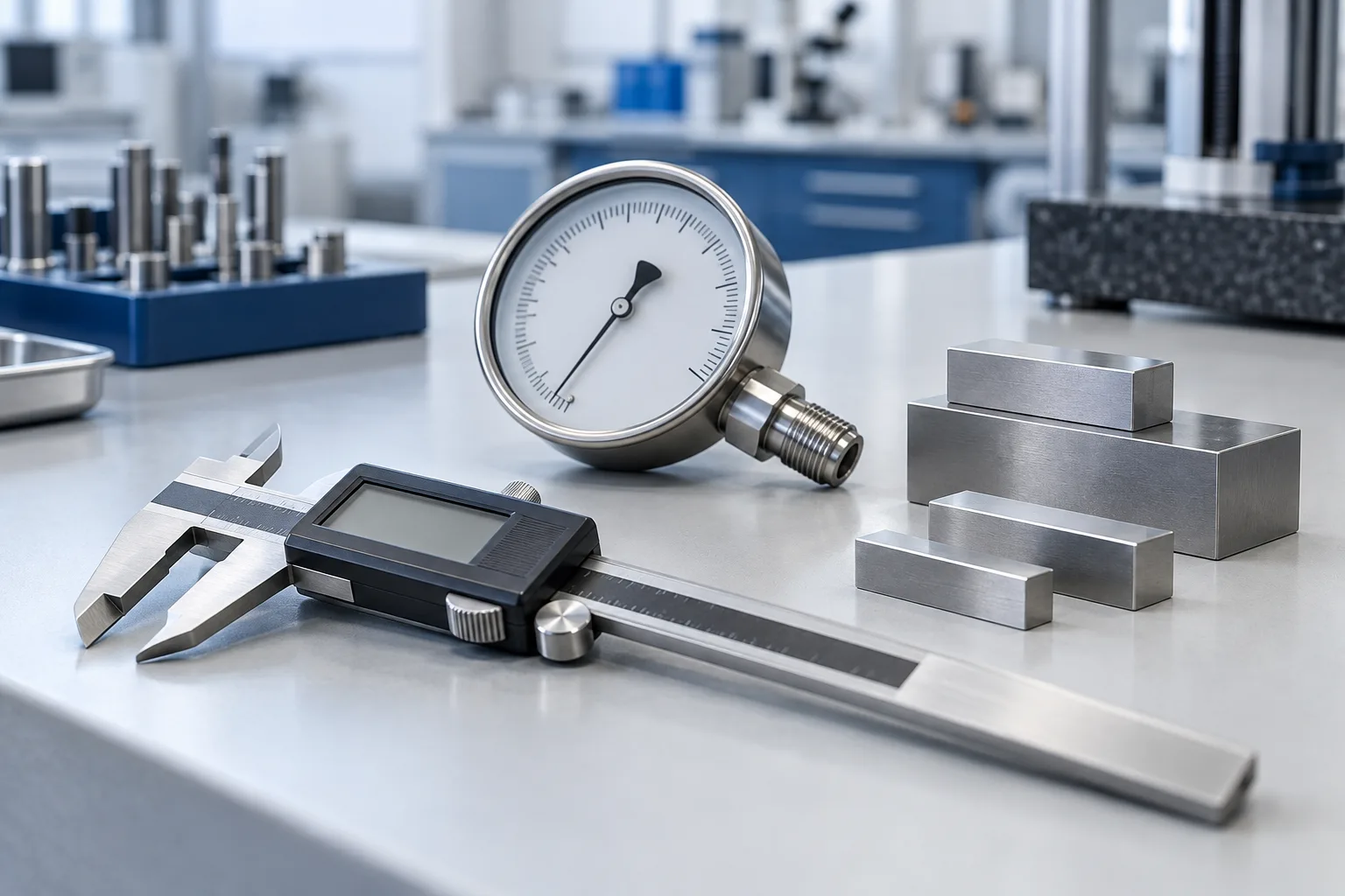 AI-generated illustration of a digital caliper, pressure gauge and gauge blocks on a laboratory bench.